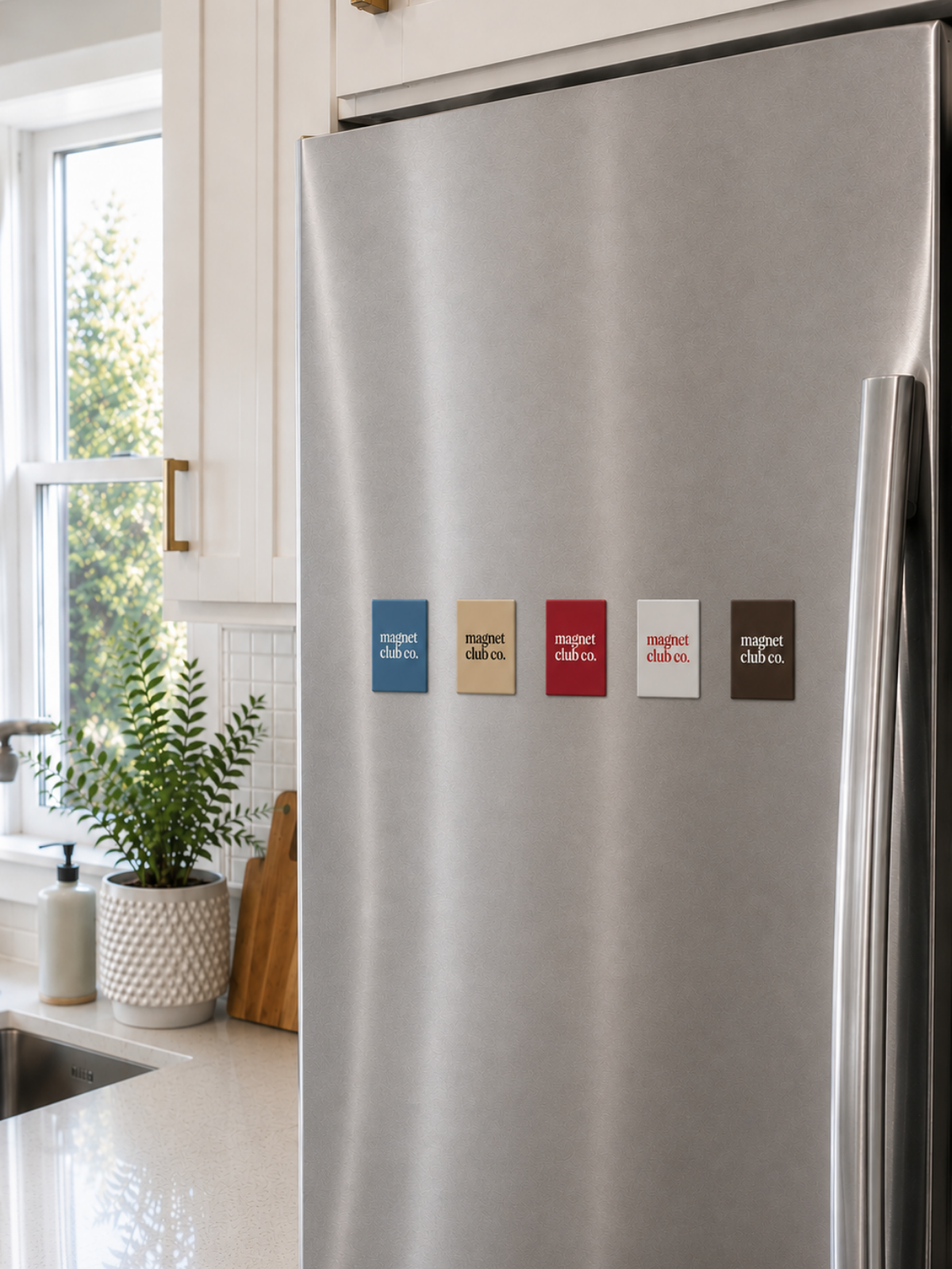 A stainless steel refrigerator in a bright kitchen, decorated with a grid of colourful portrait magnets.