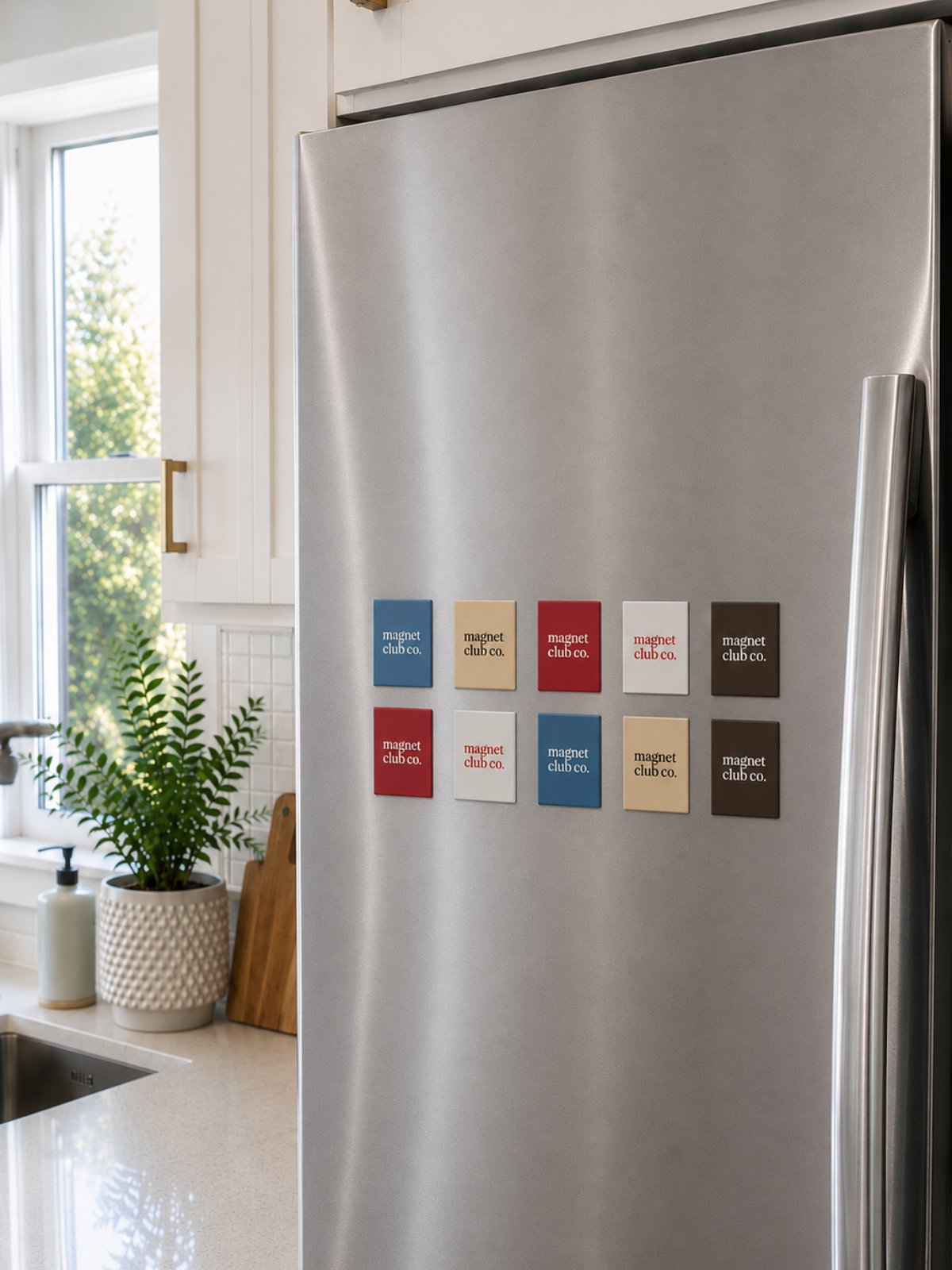 A stainless steel refrigerator in a bright kitchen, decorated with a grid of colourful portrait magnets.