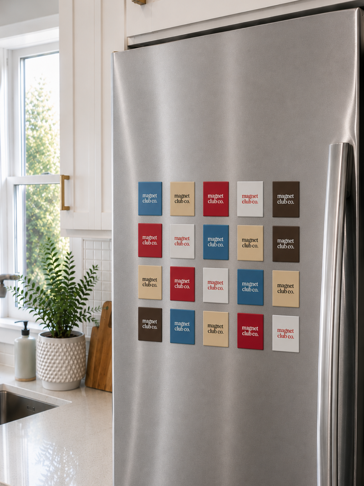 A stainless steel refrigerator in a bright kitchen, decorated with a grid of colourful portrait magnets.
